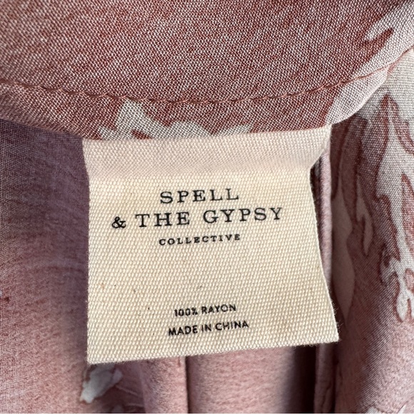 SPELL Rosa Garden Party Floral Bird Print Short Sleeve Midi Dress Camel Size L - Picture 10 of 11